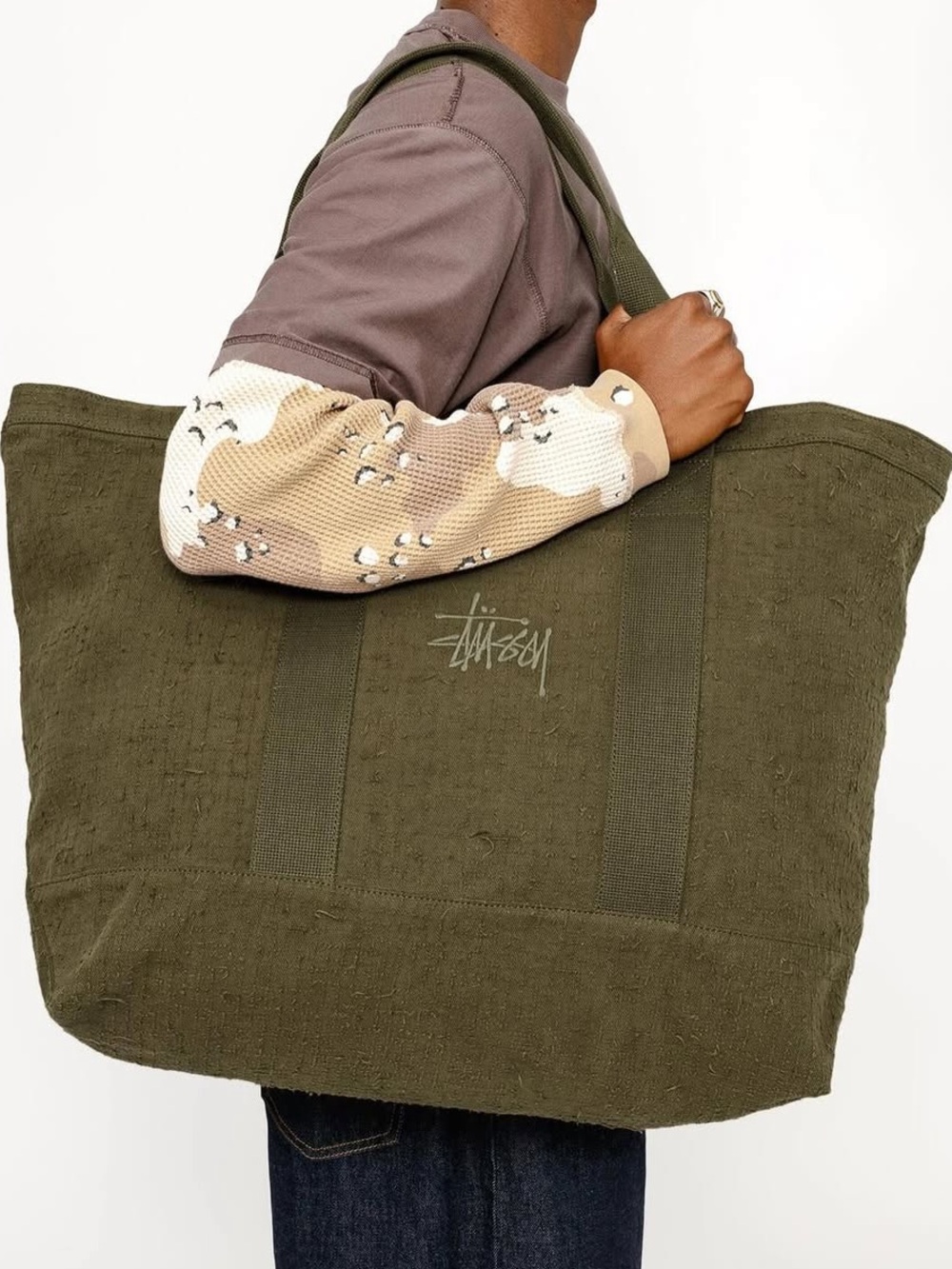 Stussy Olive Green XL Needle punch Tote with Logo